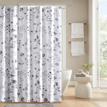 Martha Stewart 100% Cotton Floral Shower Curtain, 72 x 72, Black | Martha's Garden Series, Botanical Floral Print, Spa Quality Modern, Machine Washable, Modern Bathroom Curtains