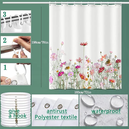 Floral Shower Curtain - 72" W x 78" L, with 12 Hooks, Hem Weighted Bathtub Shower Curtain for Bathroom