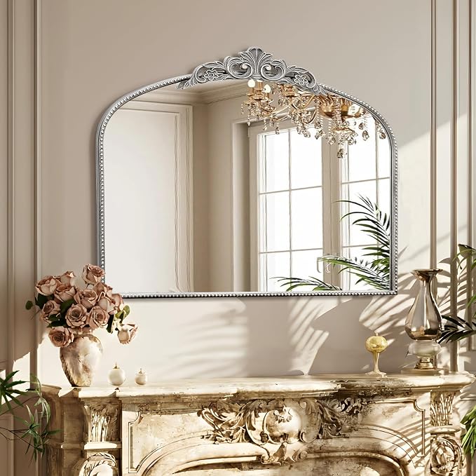 Micasso Vintage Silver Wall Mirror: 40"x29" Baroque Antique Arched Mirror | Traditional Ornate French Decorative Mirror for Bedroom/Bathroom/Fireplace/Entryway/Hallway/Dresser/Vanity/Mantel/Nightstand