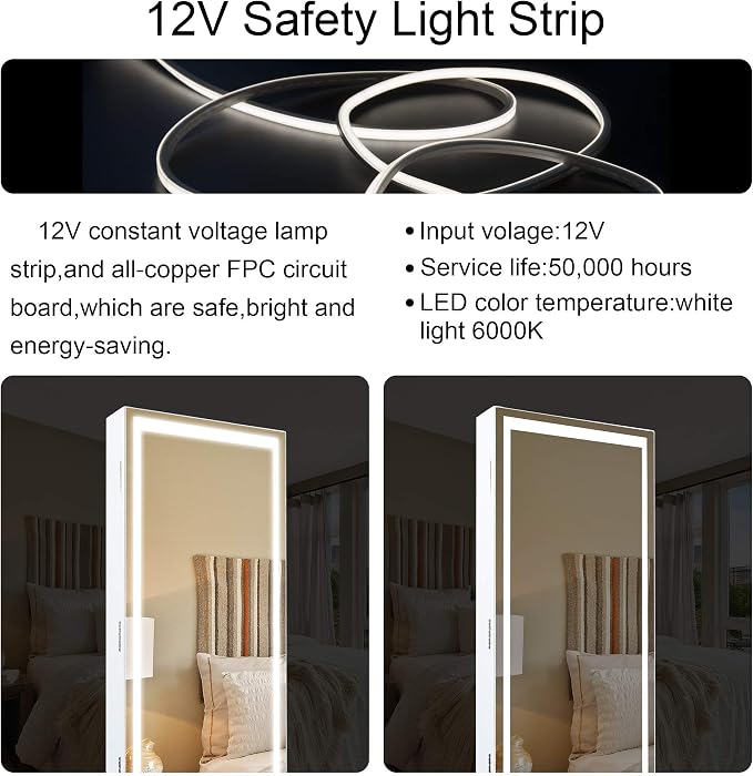Becko US LED Mirror Jewelry Cabinet with 3 Colored Light, Wall/Door Mounted Wooden Jewelry Armoire, 47-Inch Full Length Lighted Mirror with Storage, Lockable Jewelry Organizer for Bedroom (White)