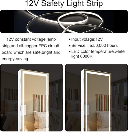 Becko US LED Mirror Jewelry Cabinet with 3 Colored Light, Wall/Door Mounted Wooden Jewelry Armoire, 47-Inch Full Length Lighted Mirror with Storage, Lockable Jewelry Organizer for Bedroom (White)