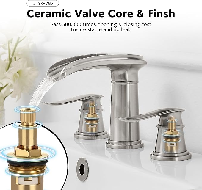 BWE Waterfall Bathroom Faucet, Brushed Nickel 8 Inch Widespread Bathroom Sink Faucet Two-Handle with Pop-up Drain, for Vanity, Lavatory Sink