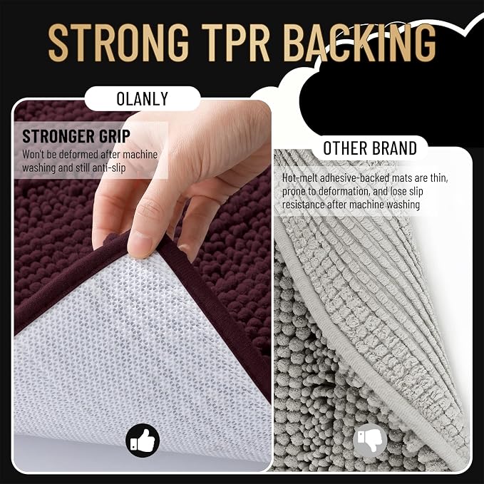 OLANLY Thick Bathroom Runner Rugs 44x24, Chenille Bath Rugs, Black Cherry | Absorbent Striped, Rubber Backing, Machine Wash, Long Bath Mats for Bathroom Floor, Tub and Shower, Home Decor Accessories