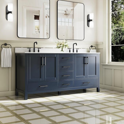 72-Inch Bathroom Vanity with Sink, 4 Soft-Close Doors and 6 Soft-Close Drawers, Bathroom Freestanding Vanity with Cultured Marble Countertop, Navy Blue Vanity with Matte Black Handles