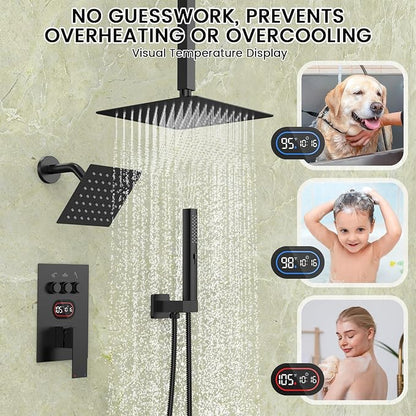 Longriver 3-Push Button Shower Faucet Set Hydro Power Temperature Display | Shower System Ceiling Mounted 10" & Wall Mounted 6" Shower Head with 3-Spary Handheld, Matte Black