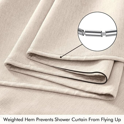 ANRODUO Beige Linen Textured Fabric Shower Curtain Set - W72xL84 | Farmhouse Shower Curtain with 12 Metal Hooks, Waterproof Heavy Duty, Button Hole Design, Machine Washable for Bathroom