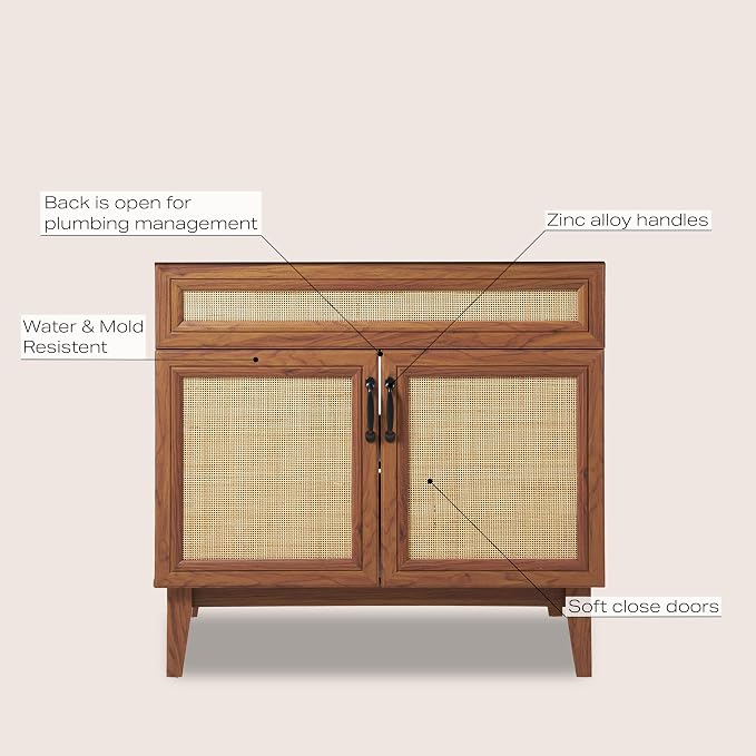 JONATHAN Y Javer Bohemian Rattan Freestanding Bath Vanity, 36", Walnut | 18" Deep, 33" High, 2 Soft-Close Doors, Caned Paneling, 2-Shelf Storage, Basin Not Included, Modern Farmhouse Style