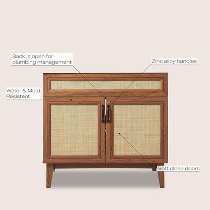 JONATHAN Y Javer Bohemian Rattan Freestanding Bath Vanity, 36", Walnut | 18" Deep, 33" High, 2 Soft-Close Doors, Caned Paneling, 2-Shelf Storage, Basin Not Included, Modern Farmhouse Style