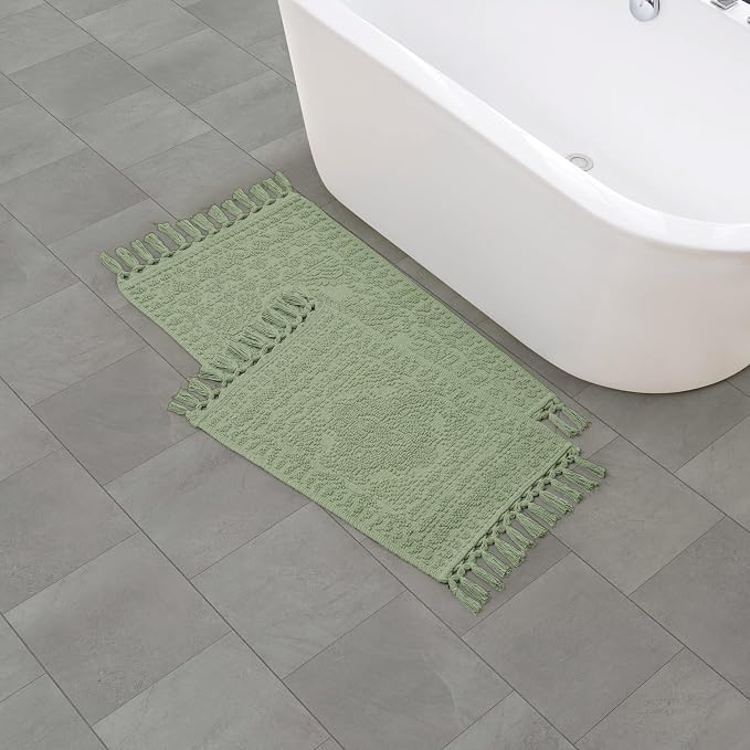 French Connection Nellore Bath Rugs, Set of 2 Woven and Beaded Bath Mats, Durable and Thick Bath Mats for Bathroom and Shower Rugs, 17" x 28" and 20" x 38", Sage Green