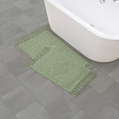 French Connection Nellore Bath Rugs, Set of 2 Woven and Beaded Bath Mats, Durable and Thick Bath Mats for Bathroom and Shower Rugs, 17" x 28" and 20" x 38", Sage Green