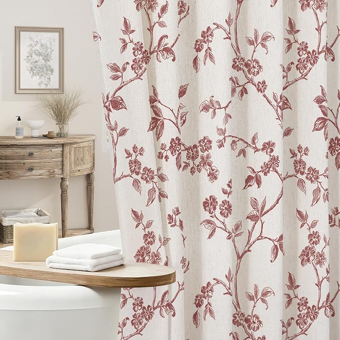 MitoVilla Burgundy Linen Floral Shower Curtain for Bathroom, 72 x 72 | Burgundy BoHo Cottagecore Spring Shower Curtains, Modern Farmhouse Country Plant Leaves Bathroom Décor, 72 x 72