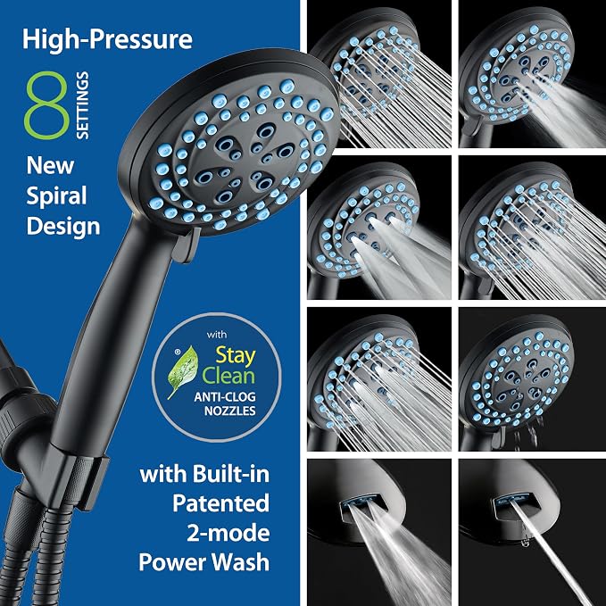 AquaCare New 8-mode High Pressure Handheld Shower Head w/ 2-way Power Wash | Stay Clean Nozzles, Dual Power Wash for Tub, Tile & Pets, Long 6 ft. Stainless Steel Hose, Wall & Overhead Brackets / Black
