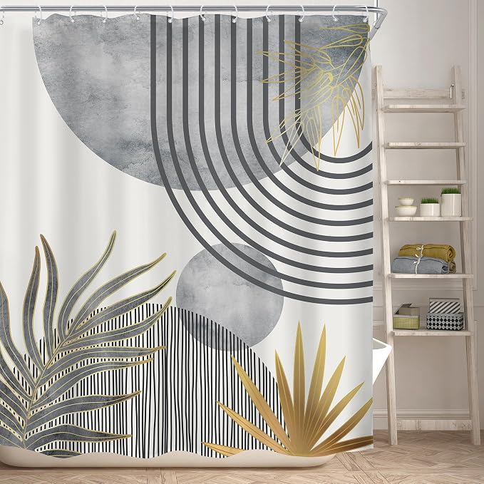 Mid Century Boho Abstract Gray Modern Gold Bathroom Shower Curtain Set | 60Wx72H Sun Arch design, waterproof HD print with fast-drying fabric and 12 hooks.