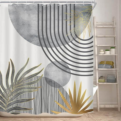Mid Century Boho Abstract Gray Modern Gold Bathroom Shower Curtain Set | 60Wx72H Sun Arch design, waterproof HD print with fast-drying fabric and 12 hooks.