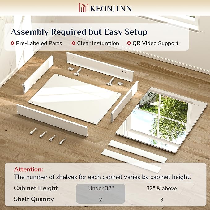 Keonjinn 48x26 Inch White Bathroom Medicine Cabinets Mirror, Tempered Glass | Assembly Required, Lightweight Aluminum Frame, Adjustable Shelves, Surface Mount or Recessed, HD Tempered Glass, Soft Close