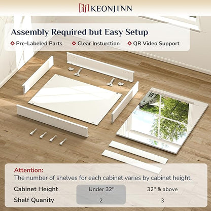 Keonjinn 48x26 Inch White Bathroom Medicine Cabinets Mirror, Tempered Glass | Assembly Required, Lightweight Aluminum Frame, Adjustable Shelves, Surface Mount or Recessed, HD Tempered Glass, Soft Close