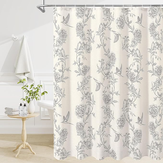 MitoVilla Extra Long Grey Cotton Shower Curtain for Bathroom,72 x 84 | Extra Long BoHo Cottagecore Hummingbird Spring Shower Curtains, Modern Farmhouse Country Floral Bathroom Décor, 72 x 84