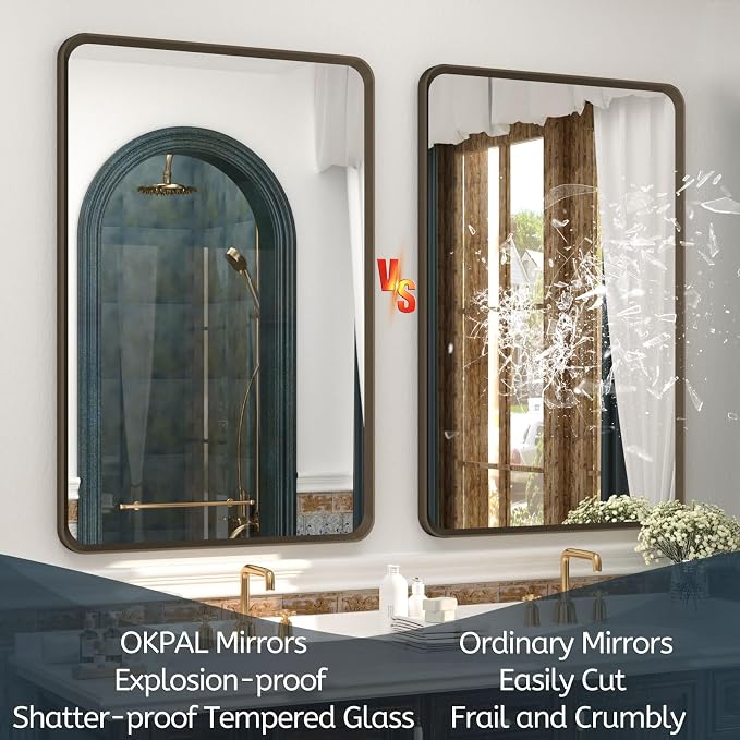 OKPAL 24x36 Bronze Bathroom Mirror, Brushed Metal Bathroom Vanity Mirrors for Wall, Bronze Rectangle Framed Bathroom Mirror, Anti-Rust (Horizontal/Vertical)