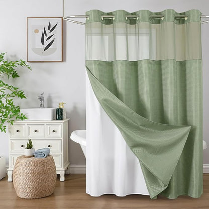 Colorful Star Sage Green No Hook Waffle Shower Curtain Set, 72 x 87 Inch | Waterproof Shower Curtain with Snap in Fabric Liner and Mesh Top Window, Hotel Style Heavy Duty Thick Bathroom Curtain
