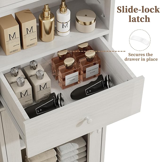 66.4" Tall Bathroom Storage Cabinet with Adjustable Shelves and Glass Doors, Anti-Tipping Narrow Cabinet, Linen Cabinet for Bathroom, Kitchen, Living Room, Cloud White