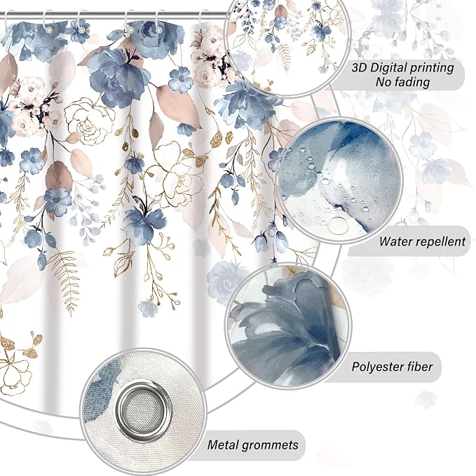 Blue Floral Flower Shower Curtain, Boho Curtain Set with 12PCS Hooks,Minimalist Watercolor Plant Eucalyptus Leaf Country Pretty Bath Bathtub Set Accessories Home Decor, 72 x 72 Inch (6-Flower B)