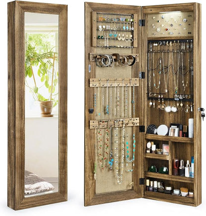 SRIWATANA Jewelry Cabinet with Mirror, Lockable Door, Carbonized Black | Space-Saving Wall & Door Mounted Solid Wood Jewelry Armoire; Large Capacity Organizer with Lockable Door for Jewelry