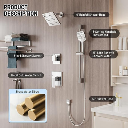 Rain Shower System - 6 inches Shower Head with Handheld Combo Set, Wall Mounted Shower Faucet Set with Slide Bar and 3-Setting Handheld Shower Head (Shower Valve and Trim Kit Included), Chrome