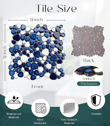 Pebble Ceramic Tiles 5 Sheets, Heart-Shaped 12x12 Floor Tile Ceramic, Dark Blue Mosaic Tiles Mesh Mounted, Waterproof Porcelain Tile Decorative for Kitchen Bath Backsplash Shower Floor Pool