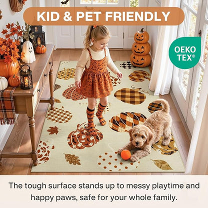 2.5x8 Beige Halloween Fall Pumpkin Hallway Runner Rug for Kitchen Entryway | Washable Non-Slip Low-Pile Autumn Thanksgiving Rug for Hallway, Front Door, Bedroom, Bathroom, Halloween Home Decor Rug