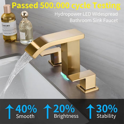 Brushed Gold Waterfall Bathroom faucets, 8 inch Widespread Modern Sink Faucet, Touch on 3 Hole 2 Handle Vanity,Gold Bathroom Sink Faucet with LED Light (Brushed Gold)