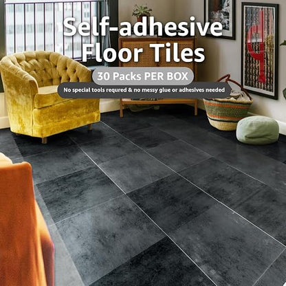 Art3dwallpanels Peel and Stick Floor Tiles 30-Pack 12x12 inch Black Marble | Self Adhesive, Waterproof Vinyl Flooring, Marble Pattern, for Kitchen, Dining Room, Bedrooms, Cover 30 Sq. Ft