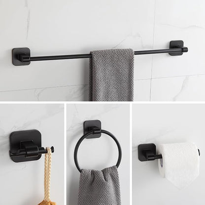 Matte Black Bathroom Accessories Set, 4 Pieces Bathroom Hardware Set, 24 inch Towel Bar, Towel Racks, Robe Towel Hooks, Toilet Paper Holder Wall Mounted Or Self-Adhesive,Stainless Steel and Plastic