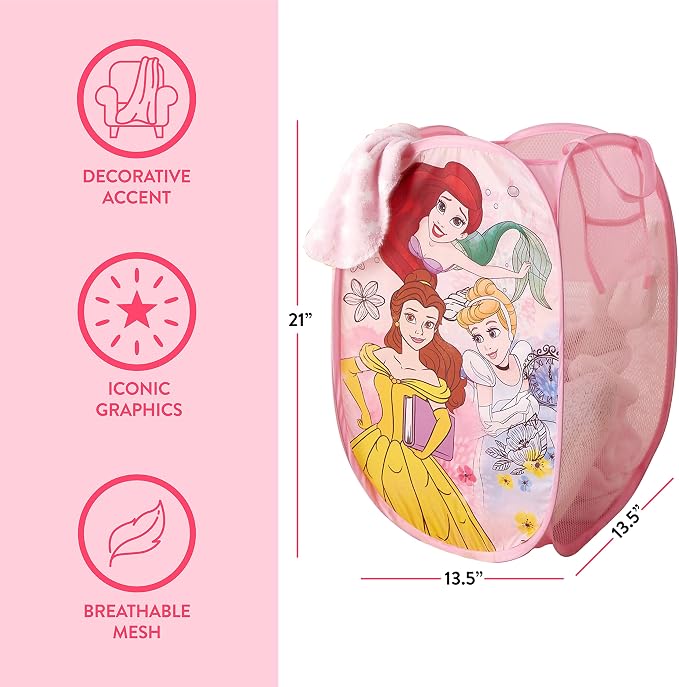 Disney Princess Pop-Up Laundry Hamper for Kids,Collapsible Mesh Storage Basket with Handles, Foldable Toy & Clothes Organizer, Pink Princess Design