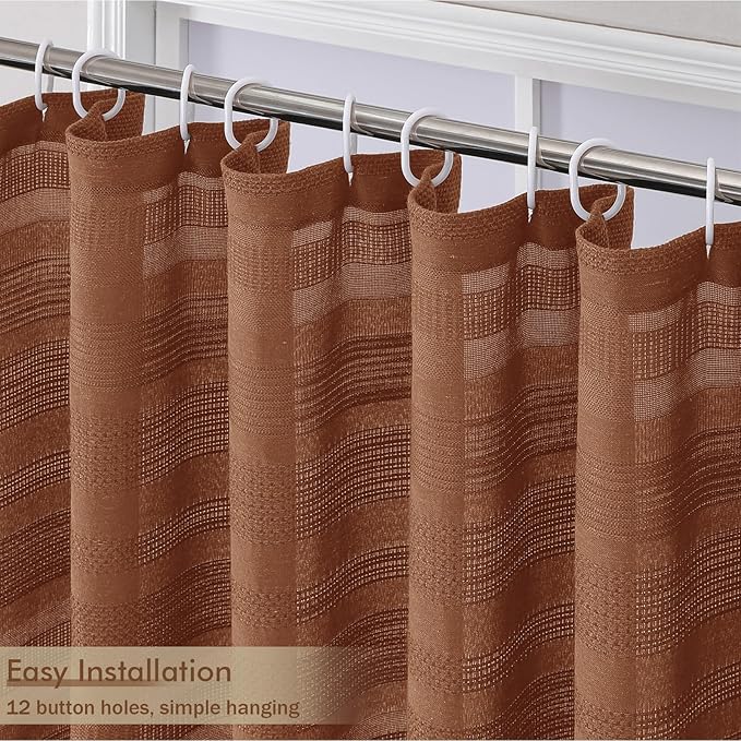 Terracotta Shower Curtain for Bathroom - Farmhouse Linen Textured Shower Curtain with Tassel, Rustic Striped Heavy Duty Vintage Country Bathroom Curtain, 72Wx72L Inches
