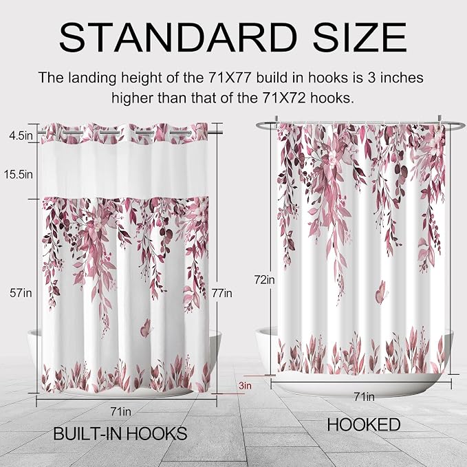 No Hook Shower Curtain and Liner Set, Dark Red Eucalyptus 71x77 | Floral Design, with Snap in Liner, See-Through Top Window, Waterproof, Machine Washable, Quick-Drying, for Hotel Bathroom