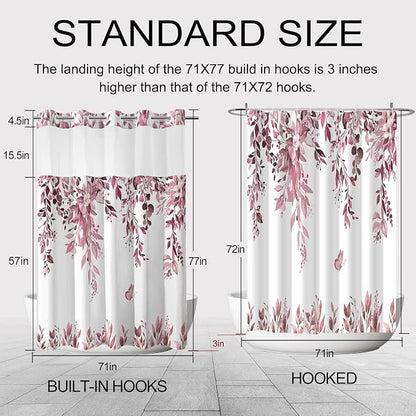 No Hook Shower Curtain and Liner Set, Dark Red Eucalyptus 71x77 | Floral Design, with Snap in Liner, See-Through Top Window, Waterproof, Machine Washable, Quick-Drying, for Hotel Bathroom