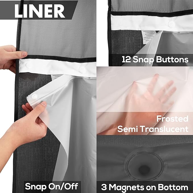 River Dream No Hook Slub Textured Shower Curtain with Snap-in PEVA Liner Set - 71" x 74"(72"), Hotel Style with See Through Top Window, Machine Washable & Water Repellent Fabric, Black, 71x74