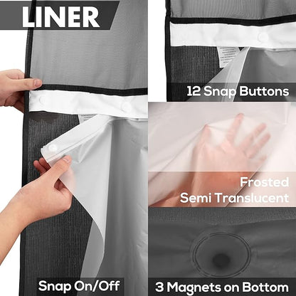 River Dream No Hook Slub Textured Shower Curtain with Snap-in PEVA Liner Set - 71" x 74"(72"), Hotel Style with See Through Top Window, Machine Washable & Water Repellent Fabric, Black, 71x74