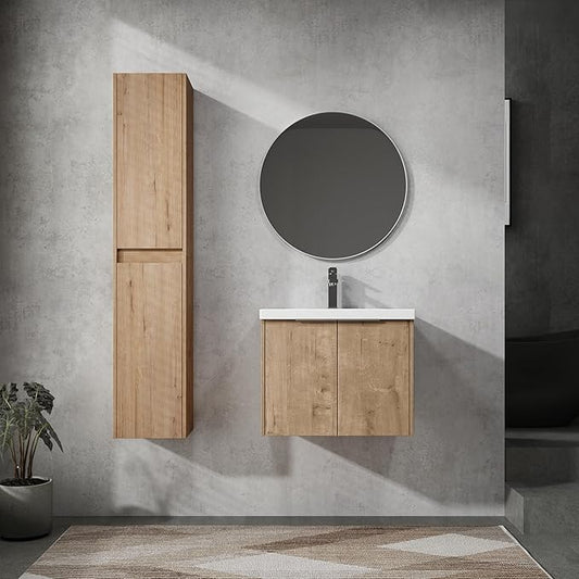SSLine 24-Inch Single Bathroom Vanity Modern Wall Mounted Bathroom Vanity with Sink 24" Small Floating Bathroom Vanities Set with 2 Side Storage Cabinets,Brown White