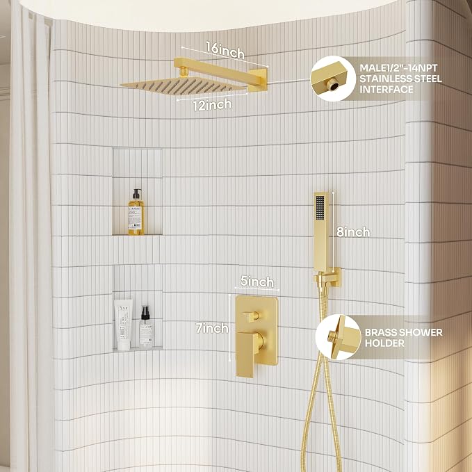 Gold Shower System, Shower Faucet Set with 12" Rain Shower head | All Metal Bathroom Wall Mounted High Pressure Shower head with handheld Combo Set Included Valve and Trim kit