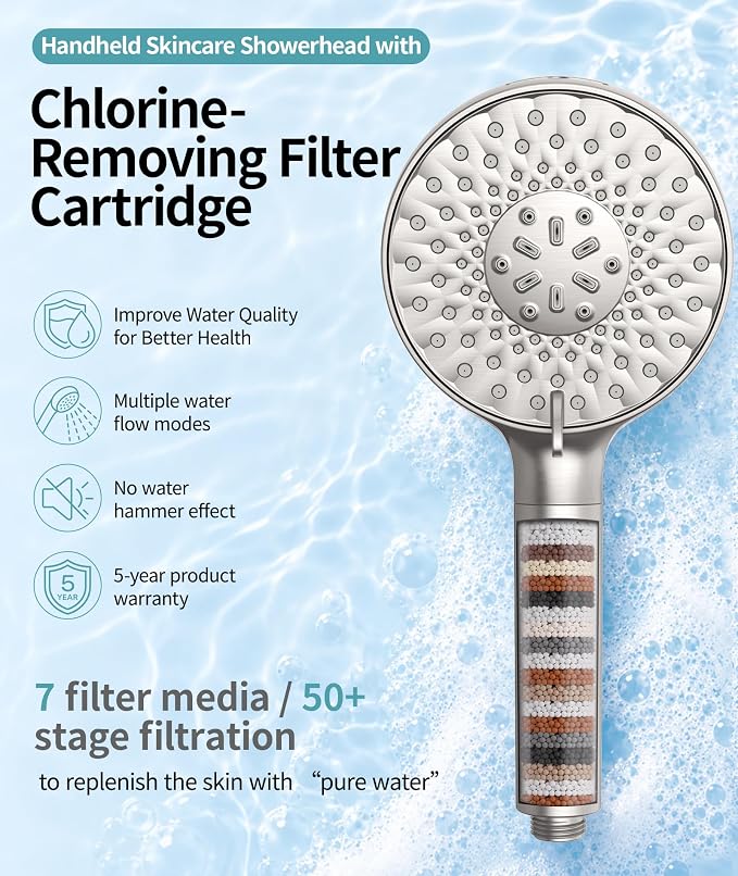 SR SUN RISE Filtered Shower Head with Handheld High Pressure 9 Spray Mode Showerhead Detachable Shower Head Water Softener Filters Beads for Hard Water Remove Chlorine 4 Filters Brushed Nickel