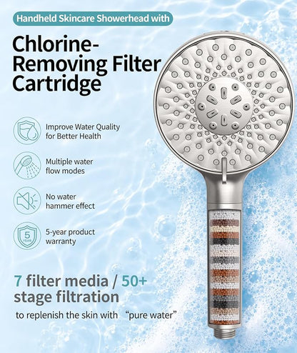 SR SUN RISE Filtered Shower Head with Handheld High Pressure 9 Spray Mode Showerhead Detachable Shower Head Water Softener Filters Beads for Hard Water Remove Chlorine 4 Filters Brushed Nickel