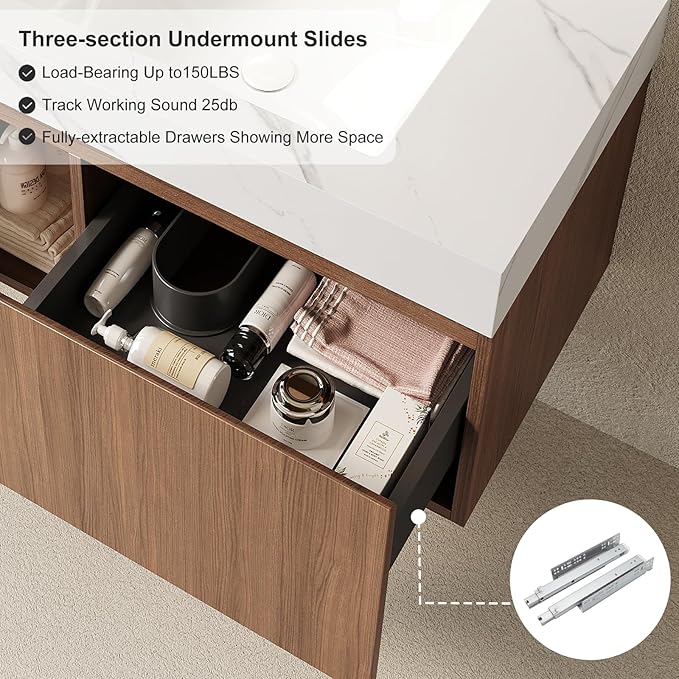 Ambrovina 30" Floating Bathroom Vanity with Sink, Modern Plywood Bathroom Storage Cabinet with Drawer and Door, Carrara White Sintered Stone Countertop, White Ceramic Basin, Pre-Assembled, Dark Oak