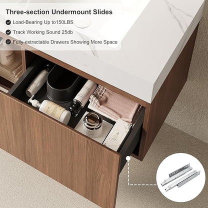 Ambrovina 30" Floating Bathroom Vanity with Sink, Modern Plywood Bathroom Storage Cabinet with Drawer and Door, Carrara White Sintered Stone Countertop, White Ceramic Basin, Pre-Assembled, Dark Oak