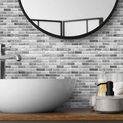URCOLOR 10-Sheet Kitchen Backsplash Tiles Peel and Stick, 12”×12” Self Adhesive Wall Tile for Bathroom, Brushed Silver Gray
