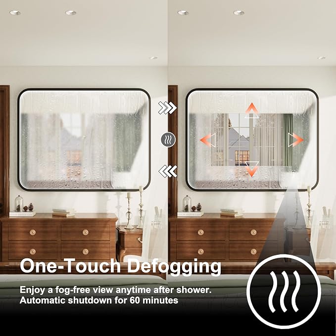 40"x30" Black LED Bathroom Mirror with Lights, 3000K/4500K/6000K | Stepless Dimmable, Anti-Fog, Memory Function, Aluminum Frame Wall Mount Lighted Vanity Mirror, ETL Listed, IP54 Waterproof