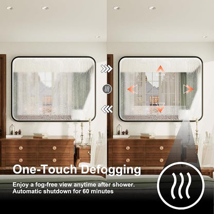 40"x30" Black LED Bathroom Mirror with Lights, 3000K/4500K/6000K | Stepless Dimmable, Anti-Fog, Memory Function, Aluminum Frame Wall Mount Lighted Vanity Mirror, ETL Listed, IP54 Waterproof