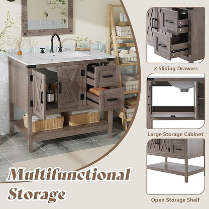 AMERLIFE 36" Farmhouse Bathroom Vanity with Sink Combo, Wood Barn Door Freestanding Small Single Bath Storage Cabinet Set with Sliding Drawers & Open Shelf, Paper Towel Holder, Light Gray