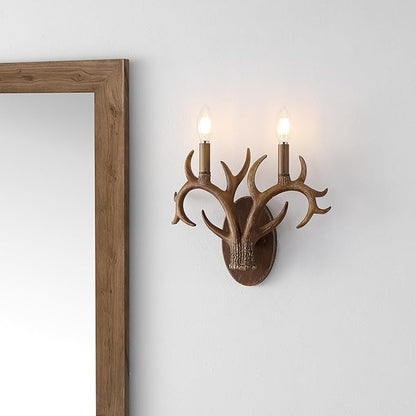 JONATHAN Y 13.25" Brown Wood Finish Faux Antler LED Vanity Light Set of 2, Rustic Wall Sconces for Bathroom Mirror Hallway, Southwestern Farmhouse Decor, LED Bulbs Included (JYL6308A)