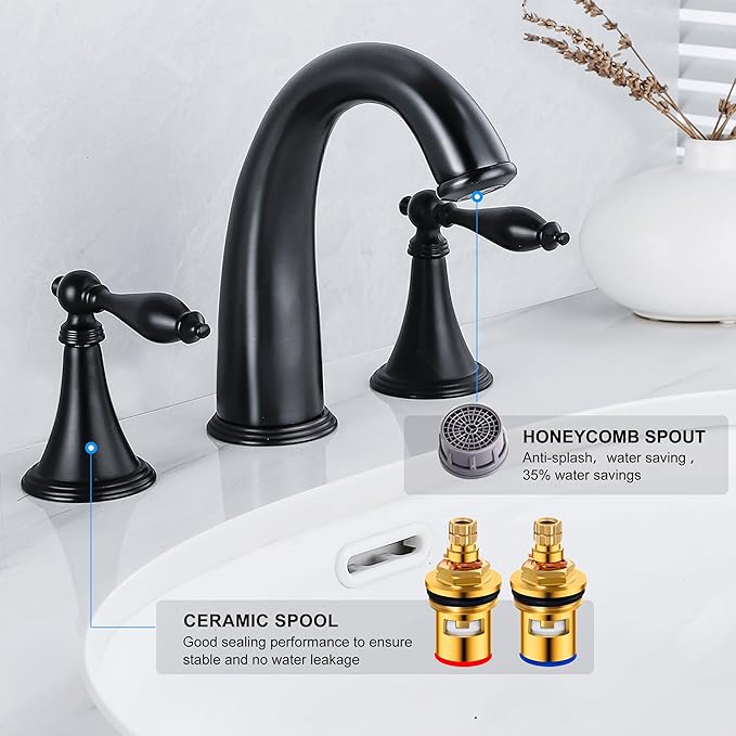 SaniteModar Matte Black Bathroom Sink Faucet,Brass Bathroom Faucet 3 Hole,Widespread Bathroom Faucet for Sink 3 Hole,2 Handles Design with Water Supply Lines